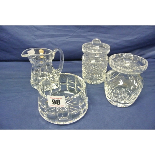 98 - Waterford crystal milk and sugar set and 2 conserve jars