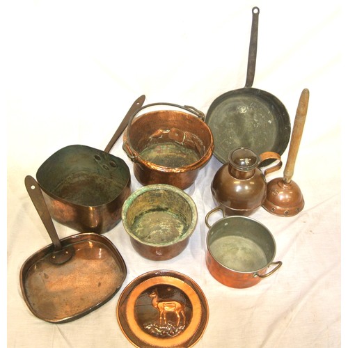 100 - Assorted lot of copper & brass pots & pans, etc