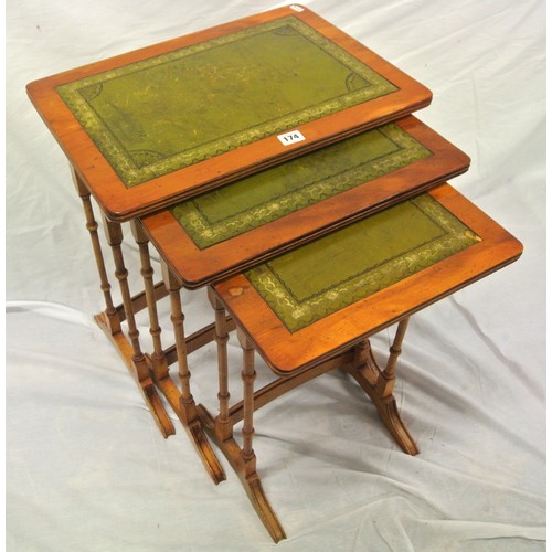 174 - Nest of 3 Edwardian style tables with leathette insets, turned columns, on shaped legs