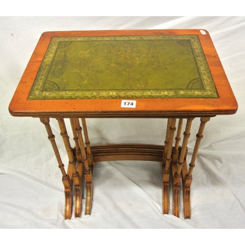 174 - Nest of 3 Edwardian style tables with leathette insets, turned columns, on shaped legs