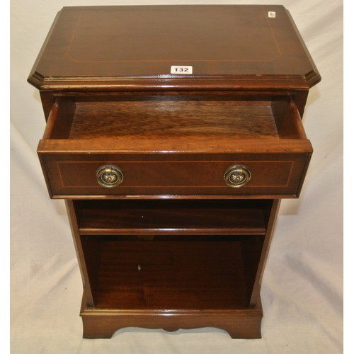 132 - Edwardian design inlaid mahogany locker with frieze drawer, shelf, on bracket feet