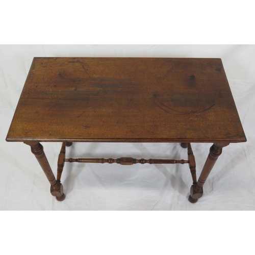 56 - Victorian mahogany oblong occasional table with turned columns & stretcher, on round feet