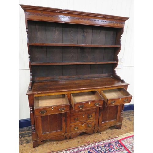 70 - Victorian oak dresser with dentil frieze, shelved back with plate rails, numerous drawers & presses ... 