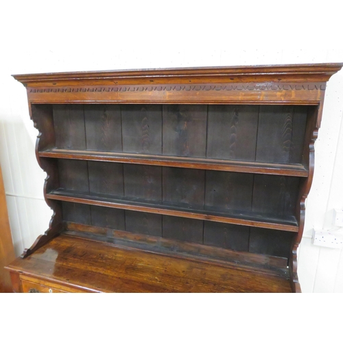 70 - Victorian oak dresser with dentil frieze, shelved back with plate rails, numerous drawers & presses ... 