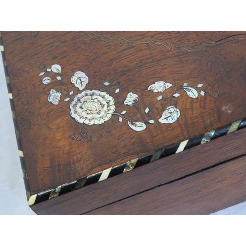 82 - Ornate Edwardian inlaid rosewood writing slope with ornate mother of pearl inlay, herringbone border... 