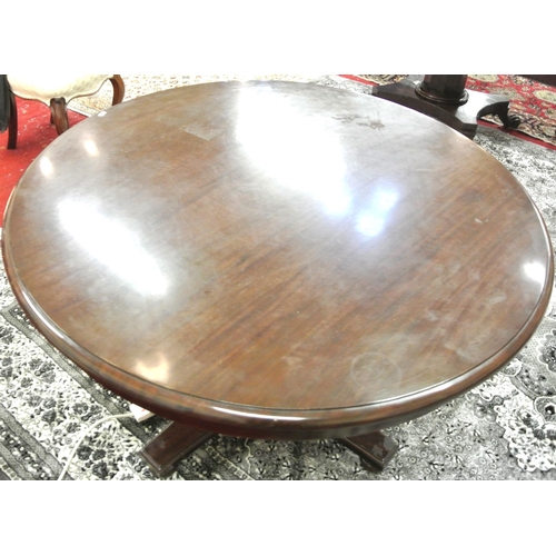 95 - Victorian mahogany round dining or library table raised on baluster turned column, on concave plinth... 