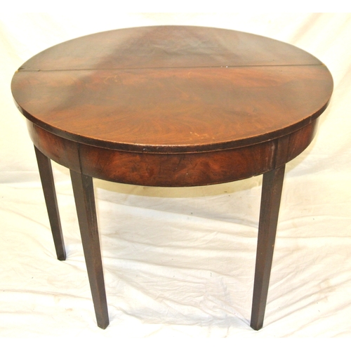 115 - Georgian walnut demi-lune tea or hall table with fold-over top, gateleg support, bowed frieze, on sq... 