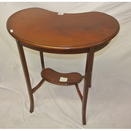 151 - Edwardian inlaid mahogany 2 tier kidney shaped occasional table with inlaid tapering legs & stretche... 