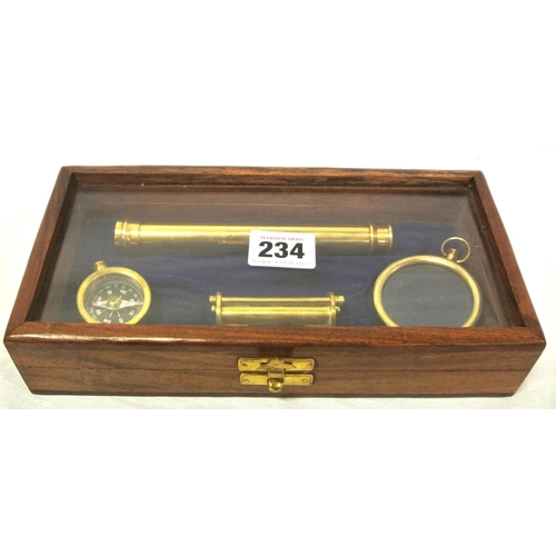 164 - Mariners brass presentation set in glass topped presentation  case