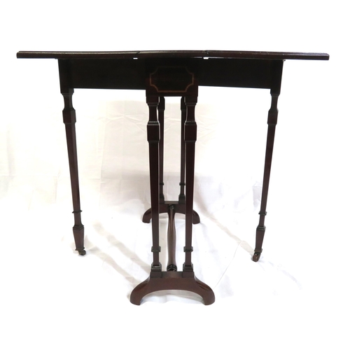 166 - Edwardian inlaid mahogany Pembroke table with drop leaves, pull-out supports, serpentine borders, ta... 