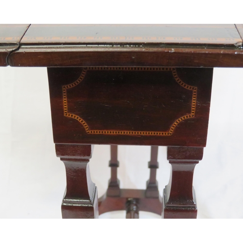 166 - Edwardian inlaid mahogany Pembroke table with drop leaves, pull-out supports, serpentine borders, ta... 