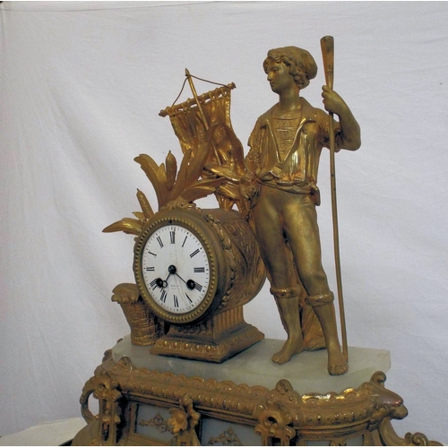 167 - Louis XV style ormolu and marble mantle clock with figure of a sailor, foliage and scroll decoration... 