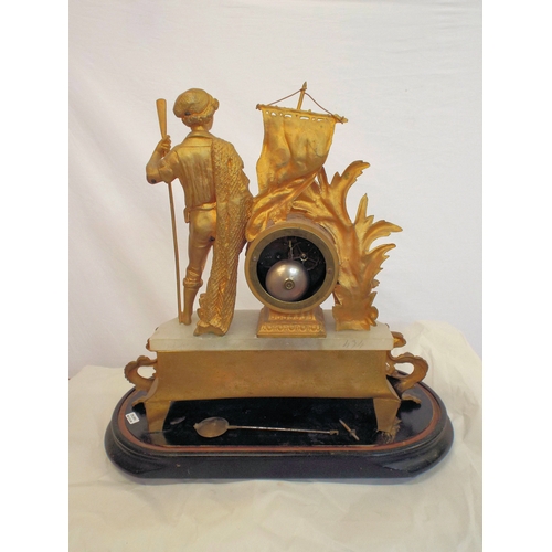 167 - Louis XV style ormolu and marble mantle clock with figure of a sailor, foliage and scroll decoration... 