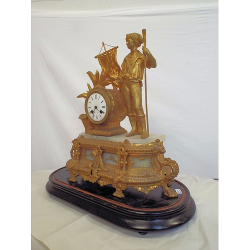 167 - Louis XV style ormolu and marble mantle clock with figure of a sailor, foliage and scroll decoration... 