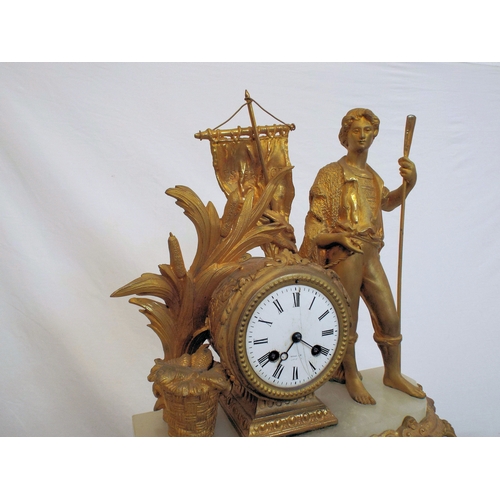 167 - Louis XV style ormolu and marble mantle clock with figure of a sailor, foliage and scroll decoration... 