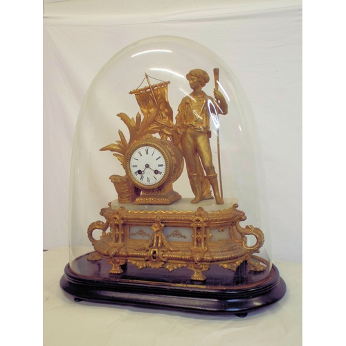 167 - Louis XV style ormolu and marble mantle clock with figure of a sailor, foliage and scroll decoration... 