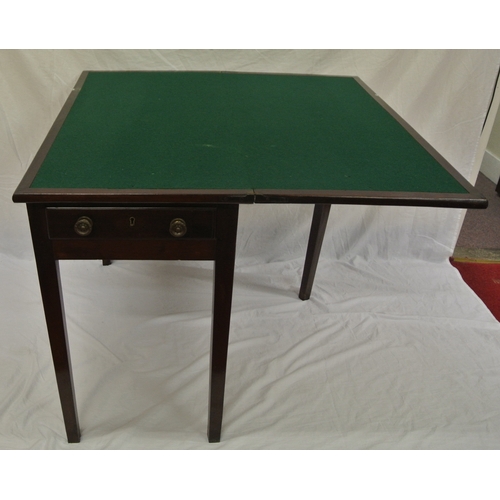 175 - Victorian mahogany card table with fold-over top, baize surface, gateleg support, frieze drawer with... 