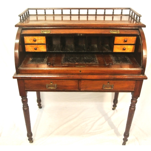 180 - Victorian mahogany desk with railed top, tambour pull-down front, fitted interior, pull-out writing ... 