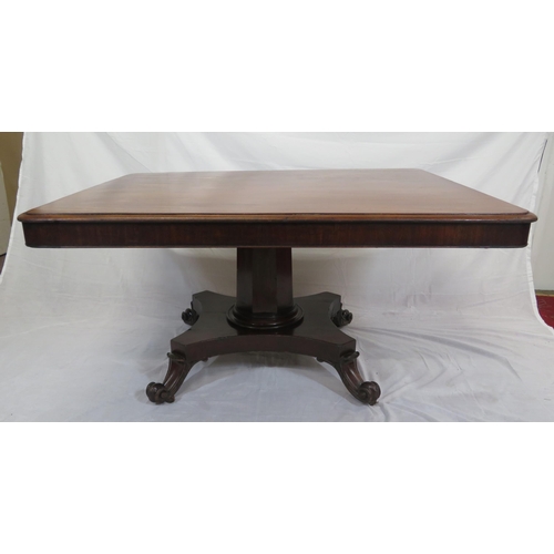 185 - Victorian mahogany dining or library table with tip-up top, hexagonal tapering column with round col... 