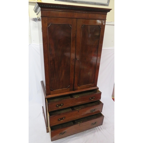 250 - Edwardian mahogany linen press with shelved top, panelled doors, 3 drawers under with brass drop han... 