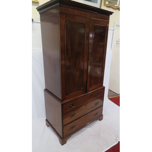 250 - Edwardian mahogany linen press with shelved top, panelled doors, 3 drawers under with brass drop han... 