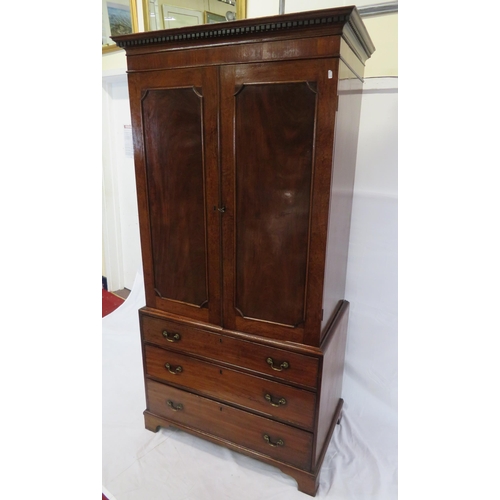 250 - Edwardian mahogany linen press with shelved top, panelled doors, 3 drawers under with brass drop han... 