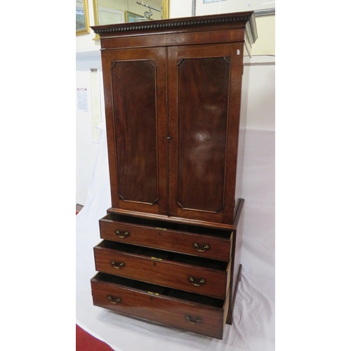 250 - Edwardian mahogany linen press with shelved top, panelled doors, 3 drawers under with brass drop han... 