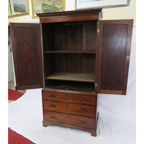 250 - Edwardian mahogany linen press with shelved top, panelled doors, 3 drawers under with brass drop han... 