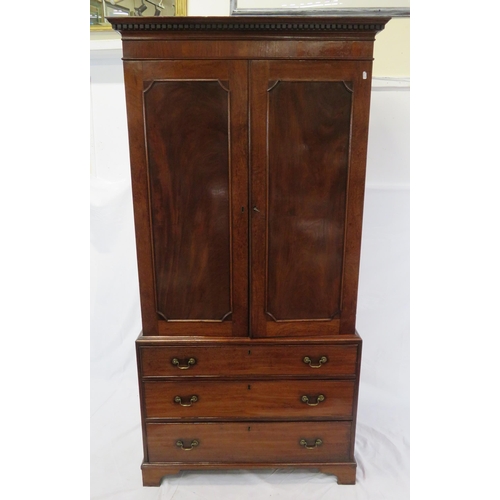 250 - Edwardian mahogany linen press with shelved top, panelled doors, 3 drawers under with brass drop han... 