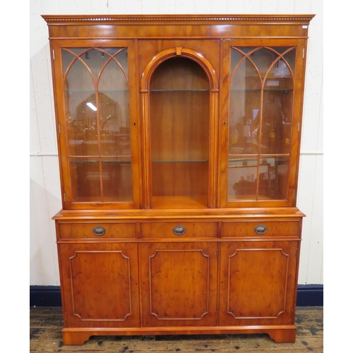 285 - Edwardian design yew & walnut bookcase with doors, glass shelving , three frieze drawers with oval d... 