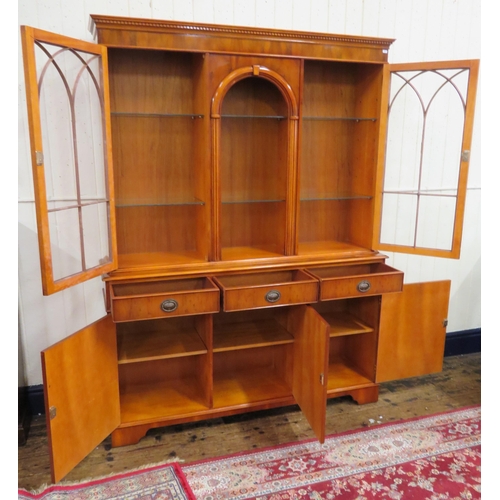 285 - Edwardian design yew & walnut bookcase with doors, glass shelving , three frieze drawers with oval d... 