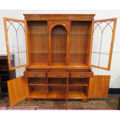 285 - Edwardian design yew & walnut bookcase with doors, glass shelving , three frieze drawers with oval d... 