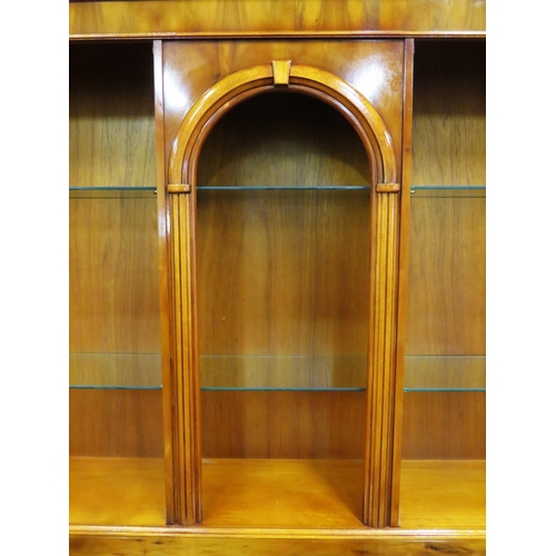 285 - Edwardian design yew & walnut bookcase with doors, glass shelving , three frieze drawers with oval d... 