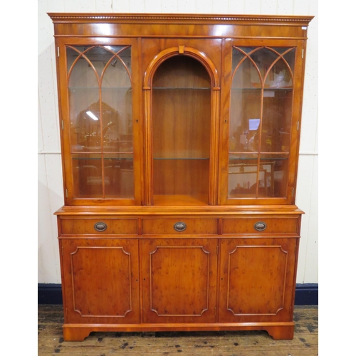 285 - Edwardian design yew & walnut bookcase with doors, glass shelving , three frieze drawers with oval d... 