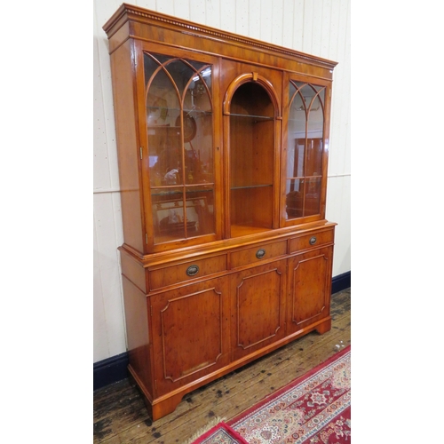 285 - Edwardian design yew & walnut bookcase with doors, glass shelving , three frieze drawers with oval d... 