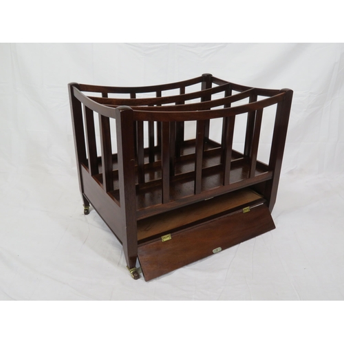 287 - Edwardian design mahogany three section canterbury with shaped rails, drop-down front, on brass cast... 