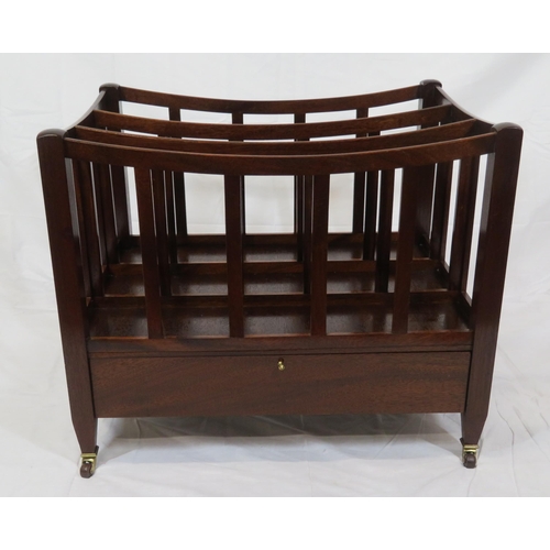 287 - Edwardian design mahogany three section canterbury with shaped rails, drop-down front, on brass cast... 