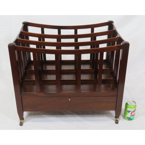 287 - Edwardian design mahogany three section canterbury with shaped rails, drop-down front, on brass cast... 