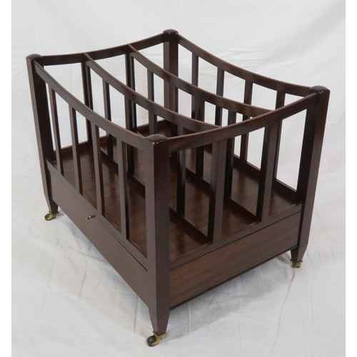 287 - Edwardian design mahogany three section canterbury with shaped rails, drop-down front, on brass cast... 