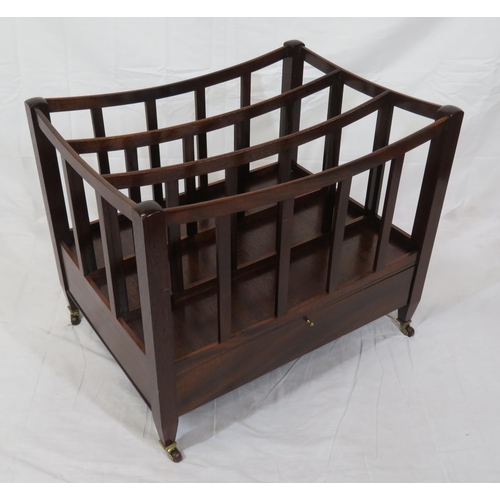 287 - Edwardian design mahogany three section canterbury with shaped rails, drop-down front, on brass cast... 