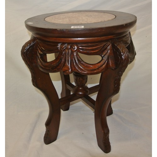 290 - Carved Oriental teak stool or stand with rouged marble inset, foliate carving, on shaped legs with s... 