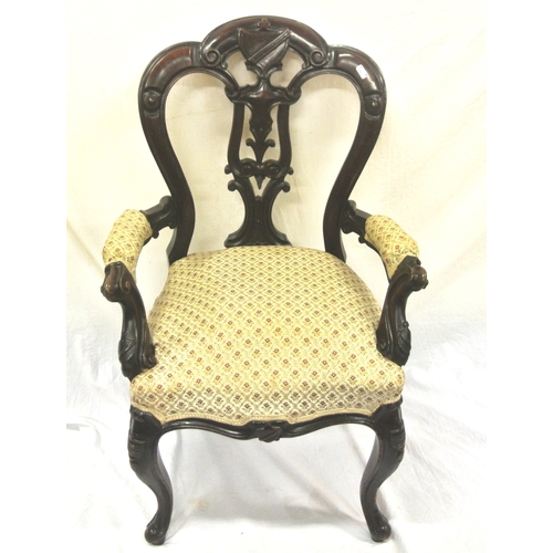 311 - Georgian mahogany open armchair with shield and foliate decorated back, shaped arms, foliate upholst... 