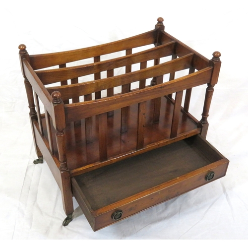 106 - Edwardian mahogany 3 sectioned canterbury with shaped rails & finials, drawer with drop handles, on ... 