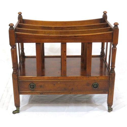 106 - Edwardian mahogany 3 sectioned canterbury with shaped rails & finials, drawer with drop handles, on ... 