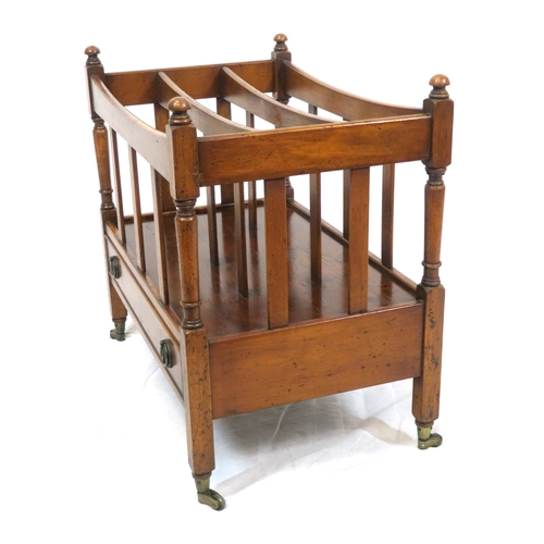 106 - Edwardian mahogany 3 sectioned canterbury with shaped rails & finials, drawer with drop handles, on ... 