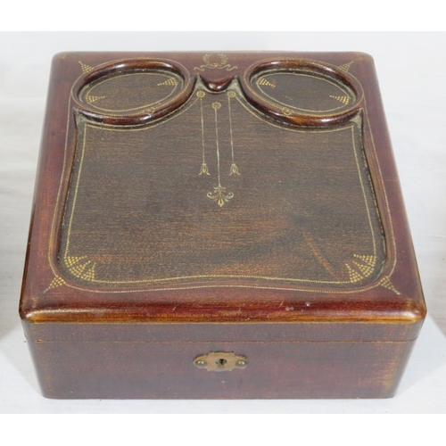 108 - Oriental inlaid ring box & 2 timber stands