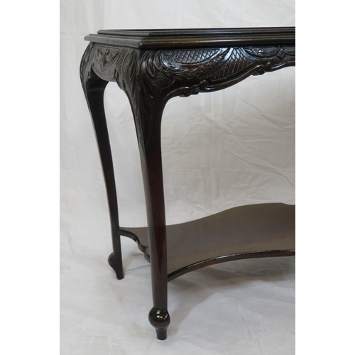 110 - Victorian style oblong occasional or side table with glass inset, ornate foliate carved apron, shape... 