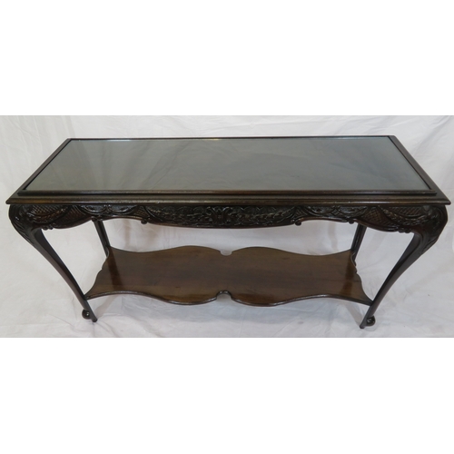 110 - Victorian style oblong occasional or side table with glass inset, ornate foliate carved apron, shape... 