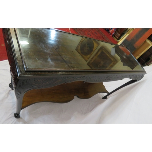 110 - Victorian style oblong occasional or side table with glass inset, ornate foliate carved apron, shape... 