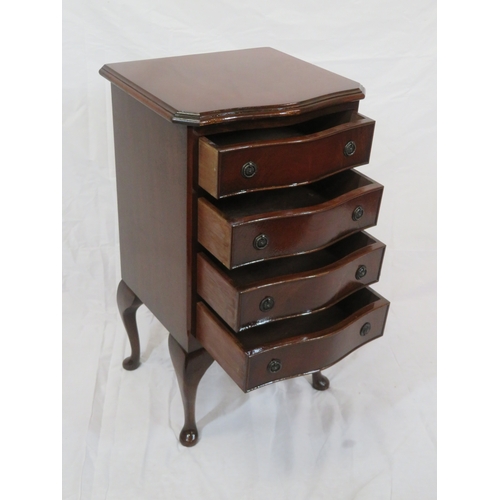 116 - Serpentine fronted mahogany small chest of four drawers with drop handles, on cabriole legs with pad... 